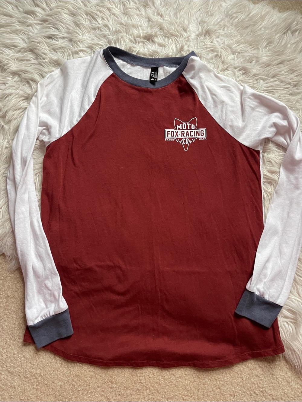 Fox Burgundy Raglan Long Sleeve Tee with White Sleeves